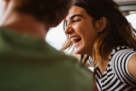 portrait young woman happiness in their carの写真素材