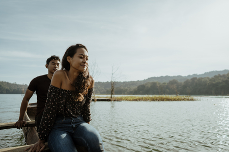 asian woman in nature enjoyingの写真素材