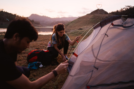 Group hiker prepare make a tentの写真素材