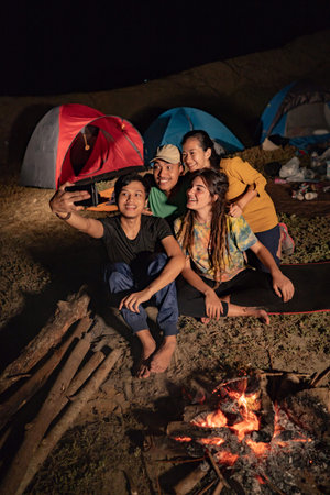 Portrait group of friends camping