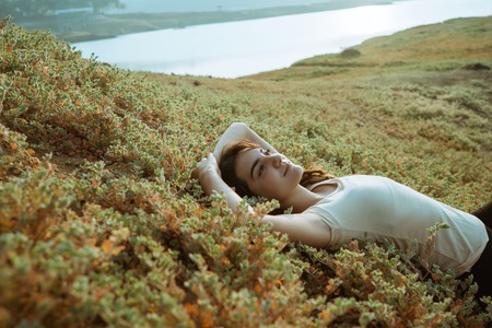 Close up caucasian women leisure side the riverの写真素材