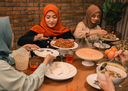 muslim people having dinner break fasting together