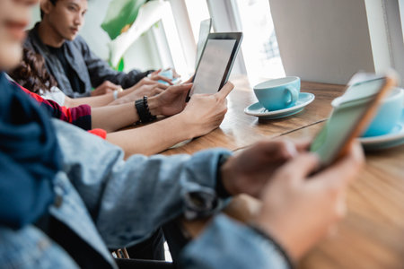 college student asian with friend in cafeの写真素材