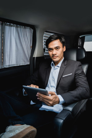 executive using tablet while in the car on his way to the office