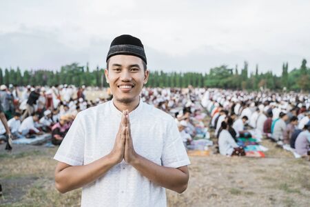 asian young man wearing traditional Javanese clothingの写真素材