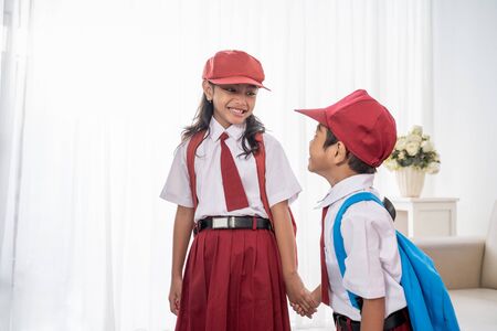 friend young indonesia student going to schoolの写真素材