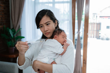 asian mother using thermometer feel worried about their childrens health