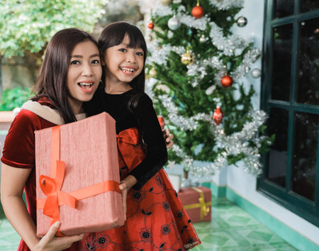 mother suprising her daughter with giftの写真素材