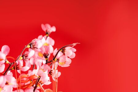 Chinese new year accessories hanging on the branchの写真素材