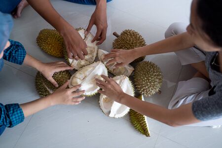 close up of hand of people fight for durian fruitの写真素材