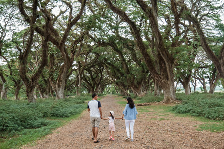 Asian families enjoy holidays together, father, mother and two children walking in the park