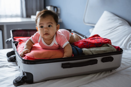 baby smiles on his stomach in an open suitcase