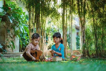 Two pretty girl wearing traditional javanese kebaya playing on the outsideの写真素材