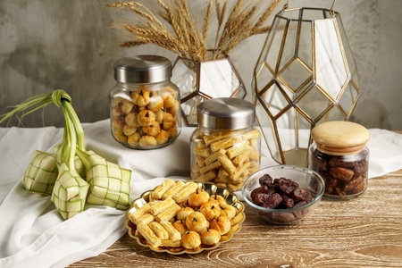 ketupat and nastar cake on container decorationの写真素材