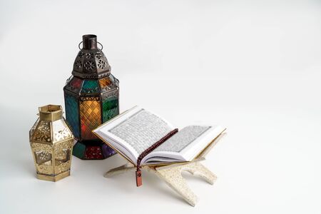 quran arab lantern and pray beads backgroundの写真素材