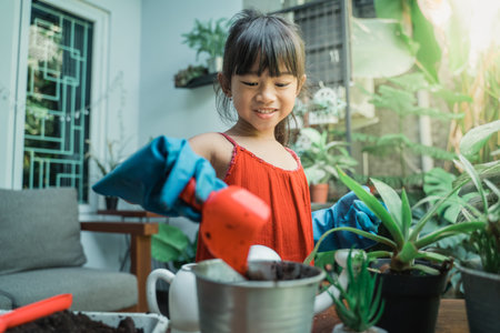 kid planting and gardening activity at homeの写真素材