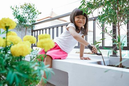 asian toddler gardening at homeの写真素材