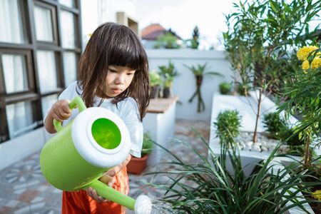 asian toddler gardening at homeの写真素材