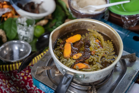 raw material for traditional herbal medicine with boiled turmeric rhizome, tamarind and tamarind...