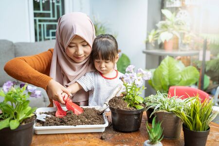veiled asian mothers help their daughters hold small shovels to take soil from the traysの写真素材