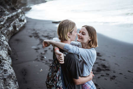 Young couple vacation on the beachの写真素材