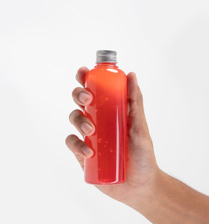 hand holding beverage product on plastic bottle mockup