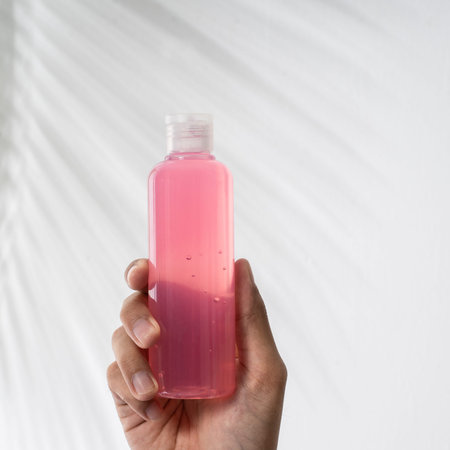 hand holding plastic bottle hand sanitizer mockup