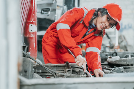 portrait of young woman repairing a broken car engine part