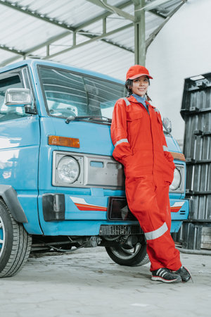 portrait of a young woman working as an auto mechanicの写真素材