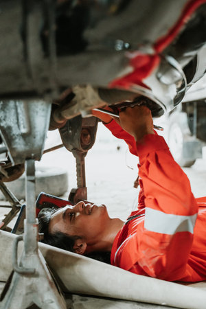 portrait of mechanic laying on the floorの写真素材