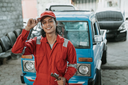 portrait of mechanic carry tools in his handの写真素材