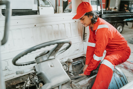 man repairing a broken car engine partの写真素材