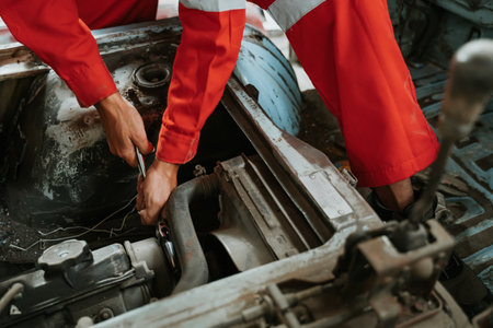 man repairing a broken car engine partの写真素材