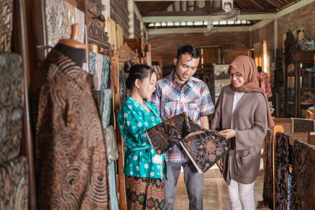 woman showing the traditional batik cloth she sells to customerの写真素材