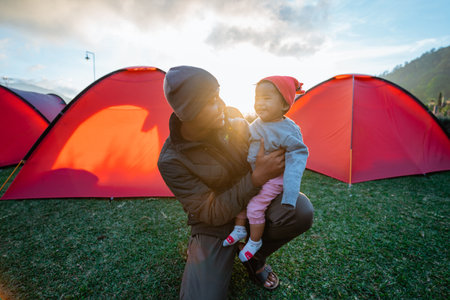 Portrait happy of the campground familyの写真素材