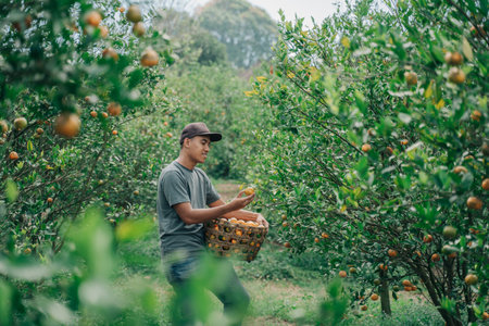 Orange farmer check the quality of the fruitsの写真素材