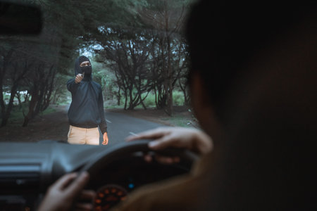 beggar uses a knife to threaten to stop a car on a forest road