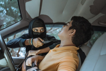 Close up of man wearing mask using knife threatening car driver