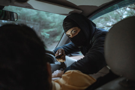 man driving the car gets scared when a robber points a knife at his neck from the car windowの写真素材