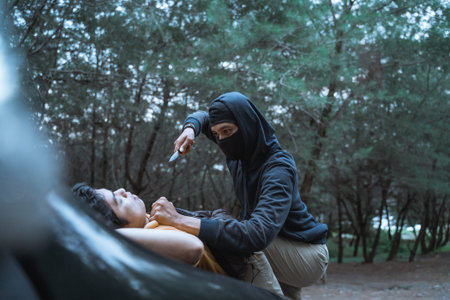 a criminals in a mask use a knife coercive and threatening a driver during a robbery