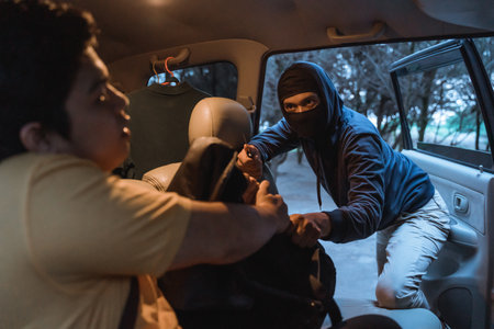 Criminal bandit open car door and with knife force to seize property of victim in the carの写真素材