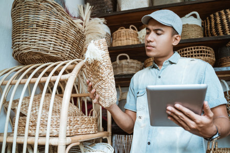 young entrepreneur checks a woven bag while holding a padの写真素材