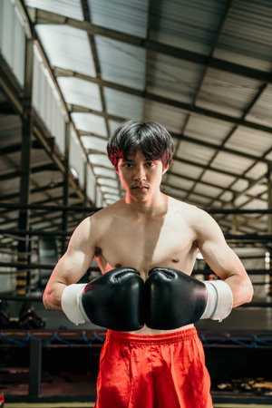 Portrait of professional male boxer against boxing training ground backgroundの写真素材