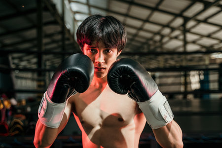 muscular male boxer wearing boxing glovesの写真素材