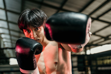 Strong young man stand wearing boxing gloves with fist in the arenaの写真素材