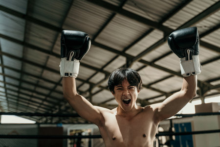 close up of handsome muay thai boxer in boxing gloves when winning raises both hands with copyspaceの写真素材