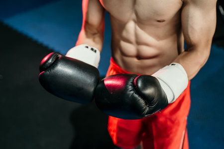 close up of boxer hands in boxing glovesの写真素材