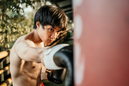young man boxer doing exercise hitting punching bagの写真素材