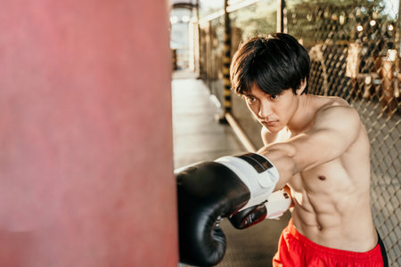boxer fighter doing exercise hitting punching bag with copyspaceの写真素材