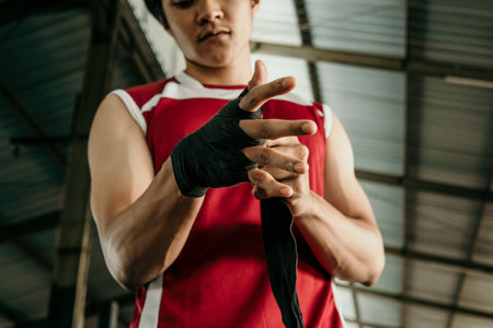portrait of boxer fighter applying bondage tape on handsの写真素材